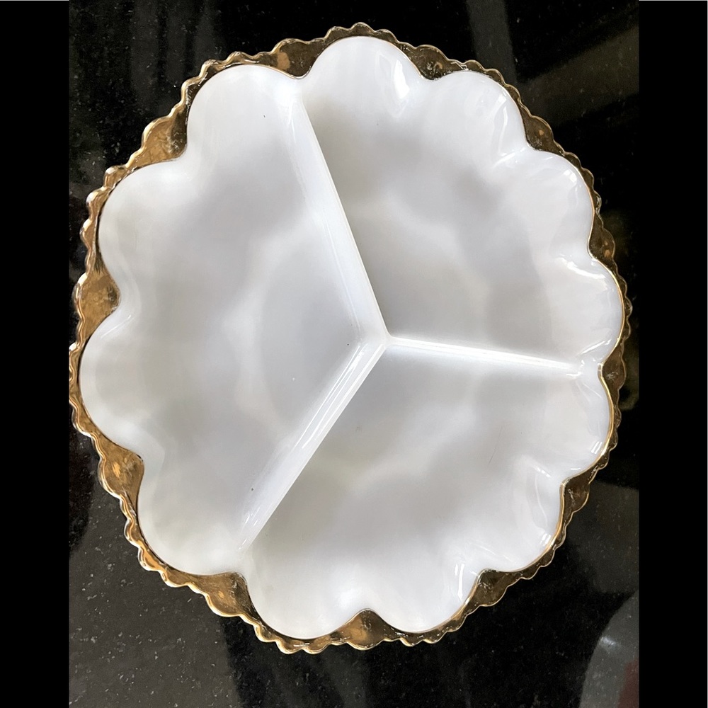 Vintage Anchor Hocking Milk Glass Divided Serving Dish Scalloped Edge Gold Trim